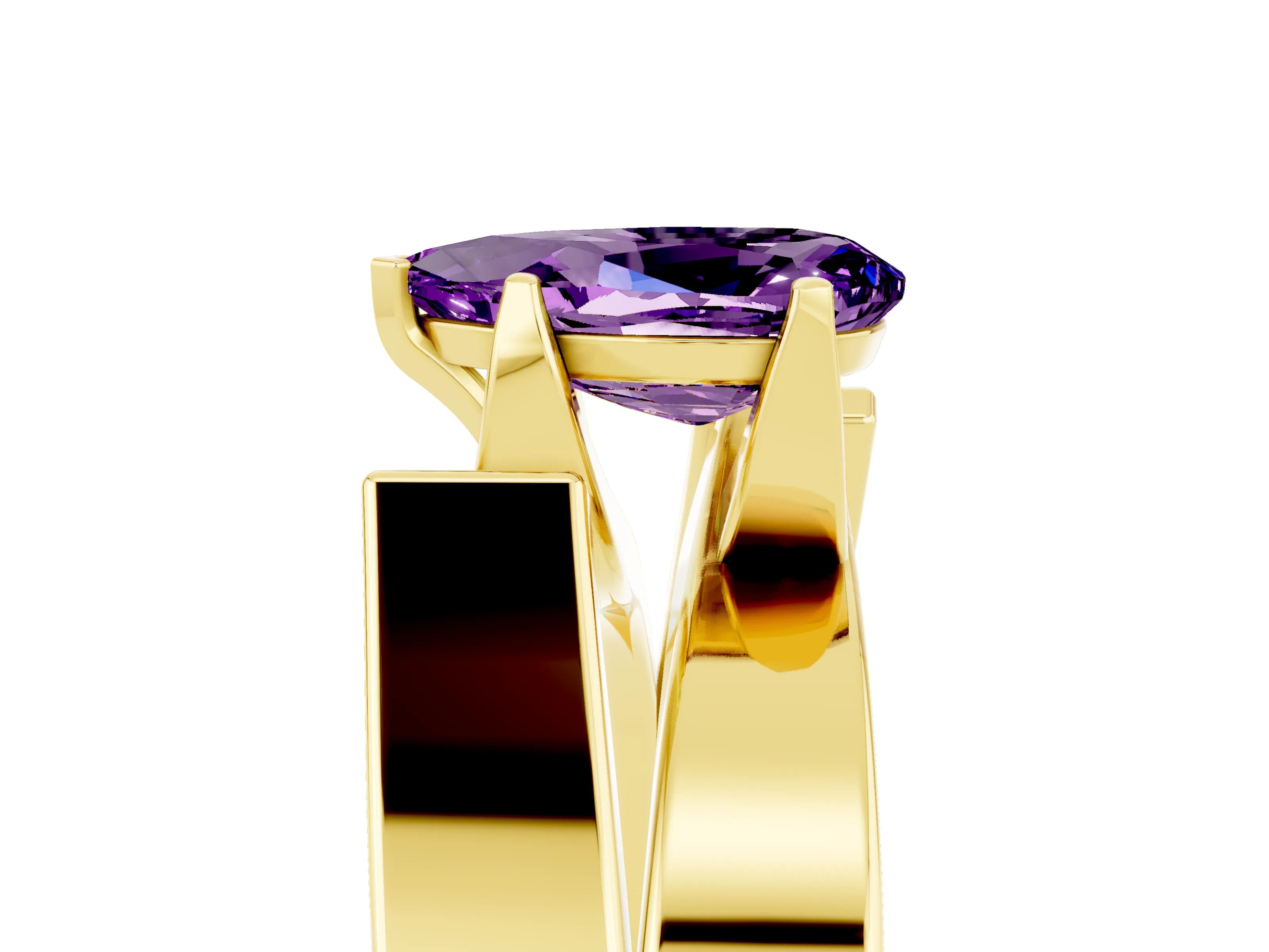 Yellow gold Modern Tension Set Pear Cut Amethyst Solitaire Wide Band Ring_5