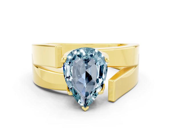 Yellow gold Modern Tension Set Pear Cut Aquamarine Solitaire Wide Band Ring