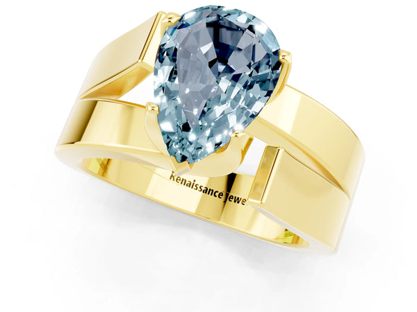 Yellow gold Modern Tension Set Pear Cut Aquamarine Solitaire Wide Band Ring