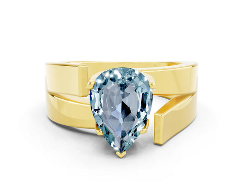 Yellow gold Modern Tension Set Pear Cut Aquamarine Solitaire Wide Band Ring