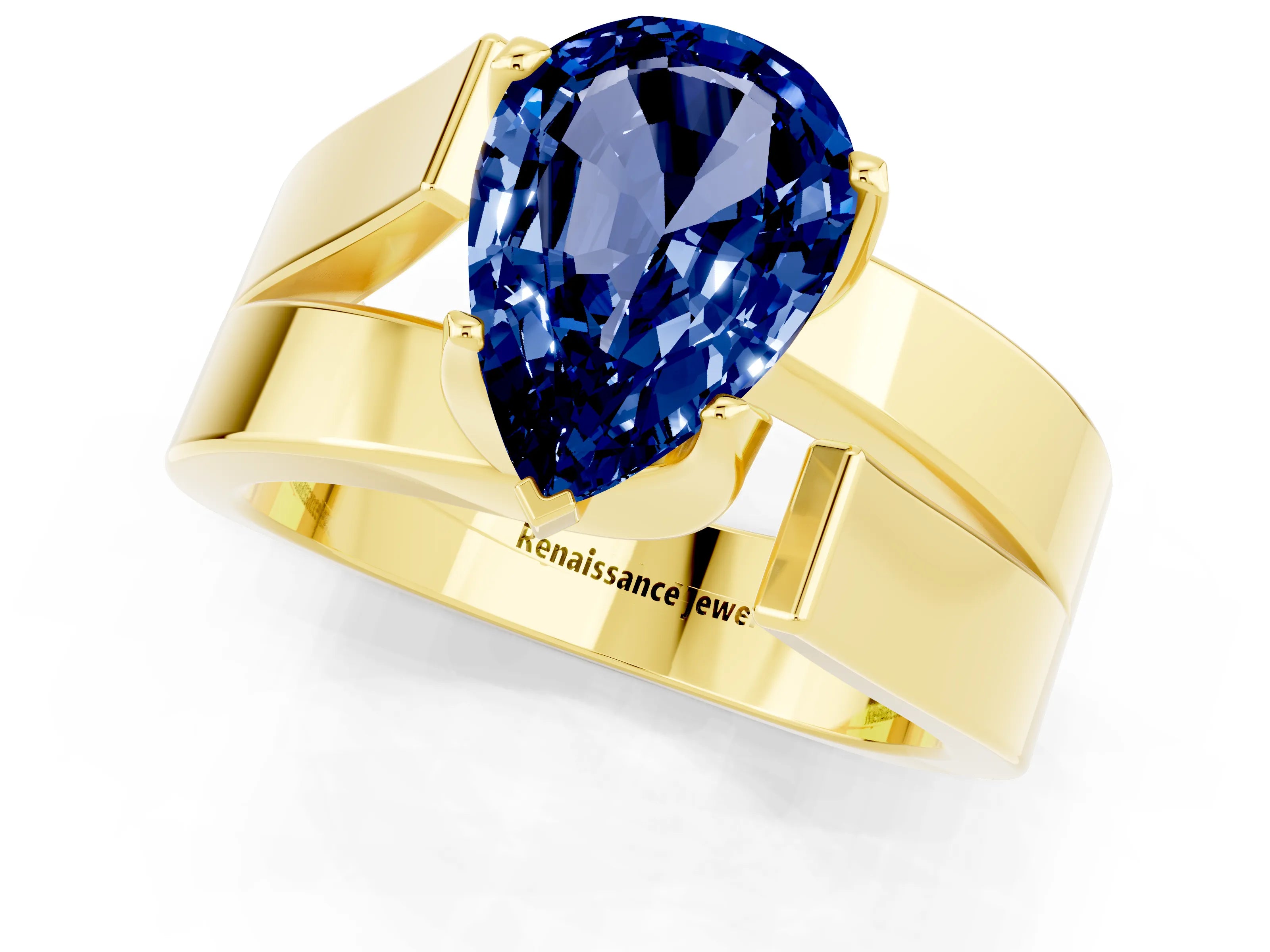 Yellow gold Modern Tension Set Pear Cut Blue Sapphire Solitaire Wide Band Ring_1