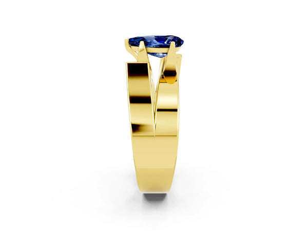 Yellow gold Modern Tension Set Pear Cut Blue Sapphire Solitaire Wide Band Ring