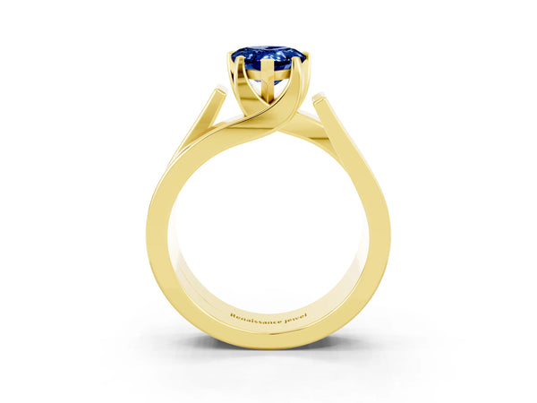 Yellow gold Modern Tension Set Pear Cut Blue Sapphire Solitaire Wide Band Ring