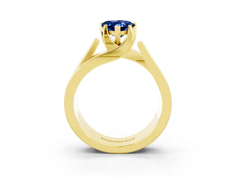 Yellow gold Modern Tension Set Pear Cut Blue Sapphire Solitaire Wide Band Ring_3