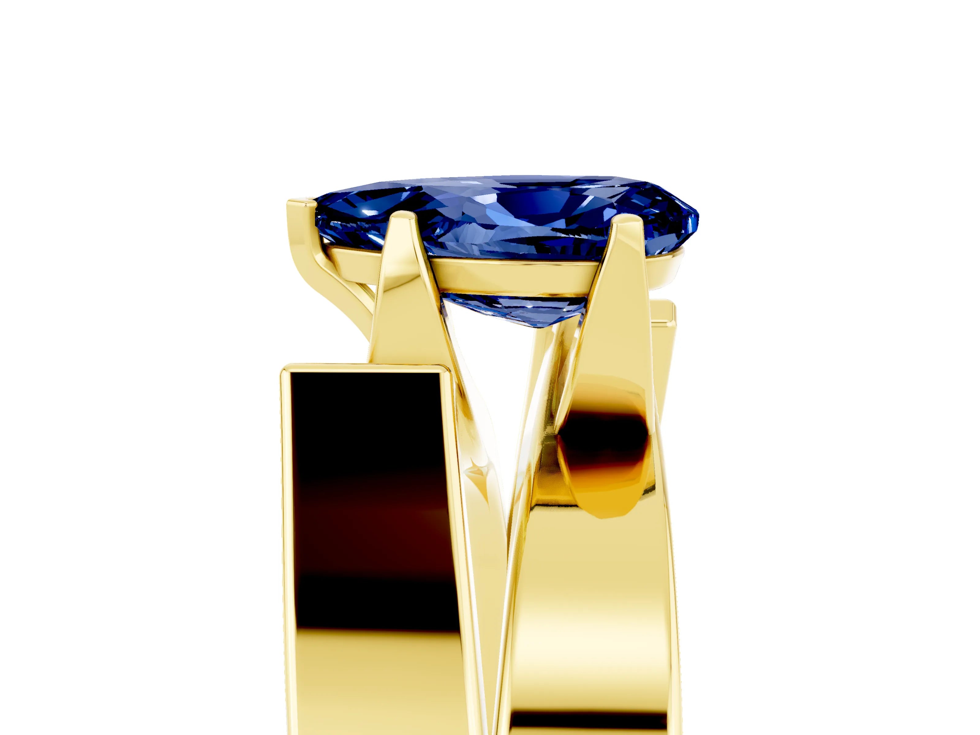 Yellow gold Modern Tension Set Pear Cut Blue Sapphire Solitaire Wide Band Ring_5