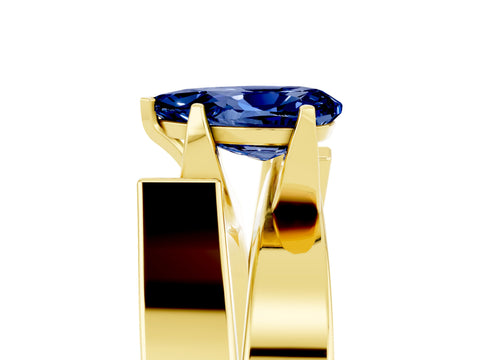 Yellow gold Modern Tension Set Pear Cut Blue Sapphire Solitaire Wide Band Ring_5