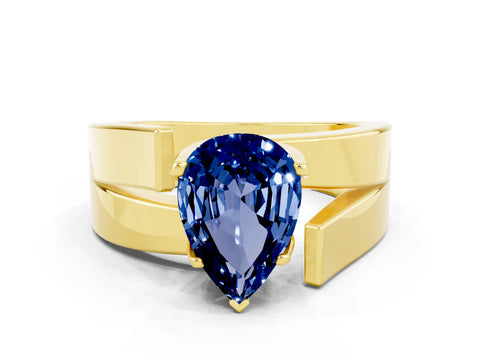 Yellow gold Modern Tension Set Pear Cut Blue Sapphire Solitaire Wide Band Ring