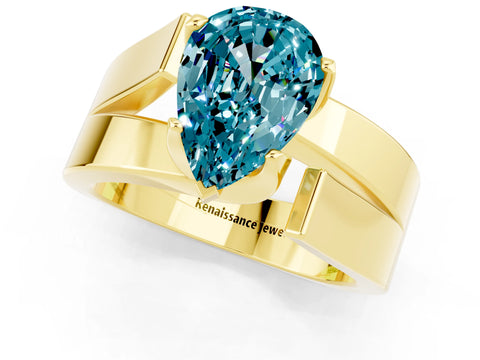 Yellow gold Modern Tension Set Pear Cut Blue Topaz Solitaire Wide Band Ring_1