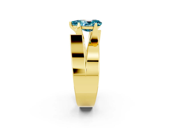 Yellow gold Modern Tension Set Pear Cut Blue Topaz Solitaire Wide Band Ring