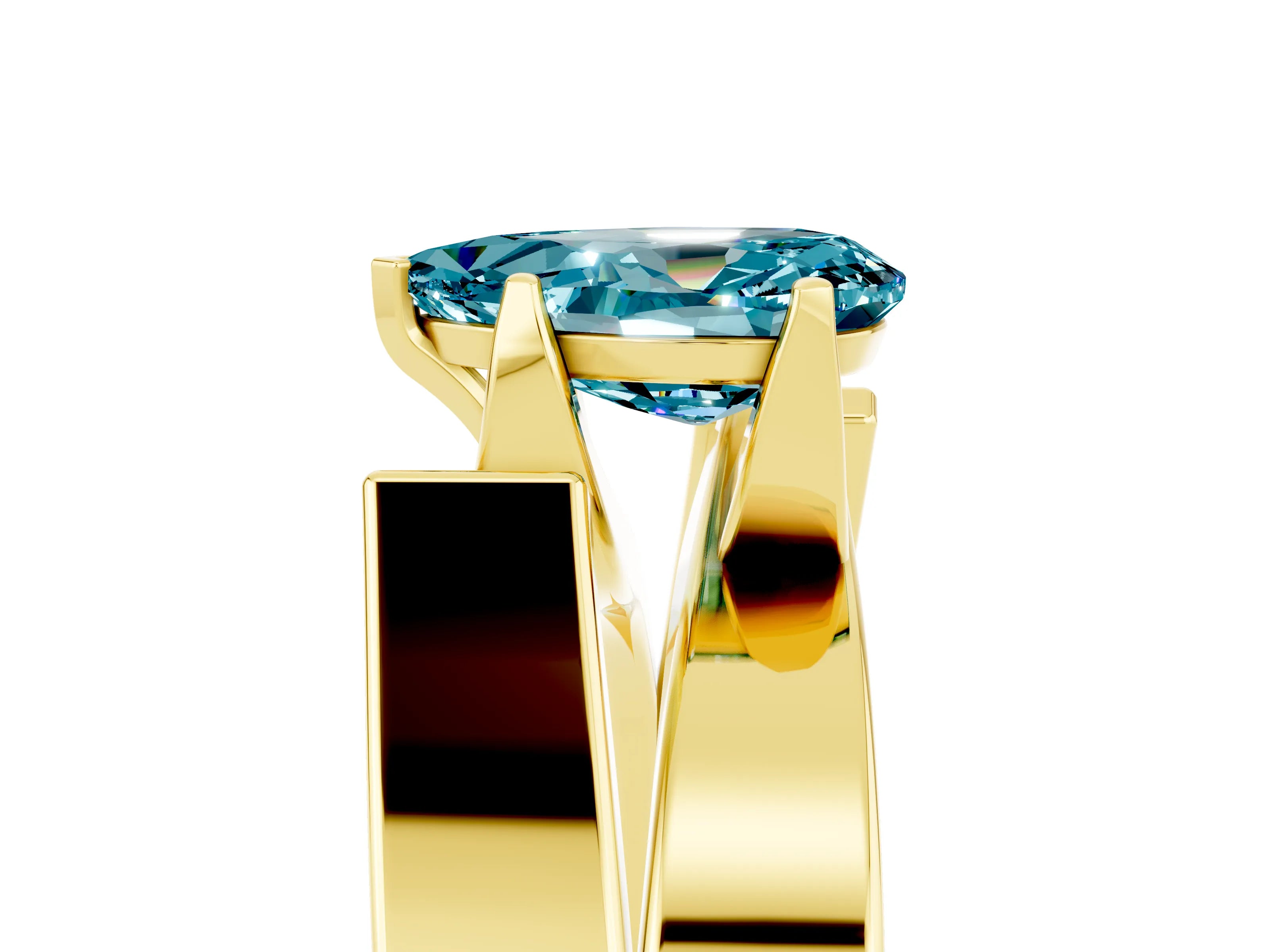 Yellow gold Modern Tension Set Pear Cut Blue Topaz Solitaire Wide Band Ring_5