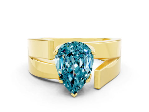 Yellow gold Modern Tension Set Pear Cut Blue Topaz Solitaire Wide Band Ring