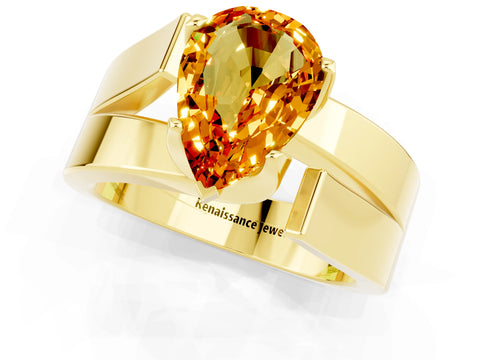 Yellow gold Modern Tension Set Pear Cut Citrine Solitaire Wide Band Ring_1