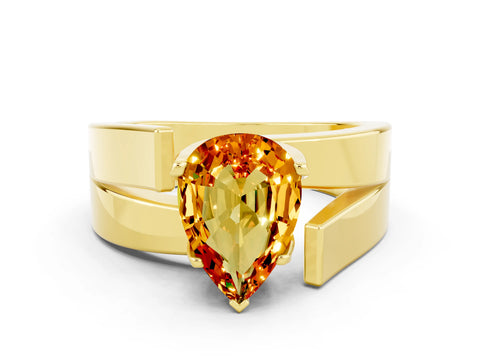 Yellow gold Modern Tension Set Pear Cut Citrine Solitaire Wide Band Ring