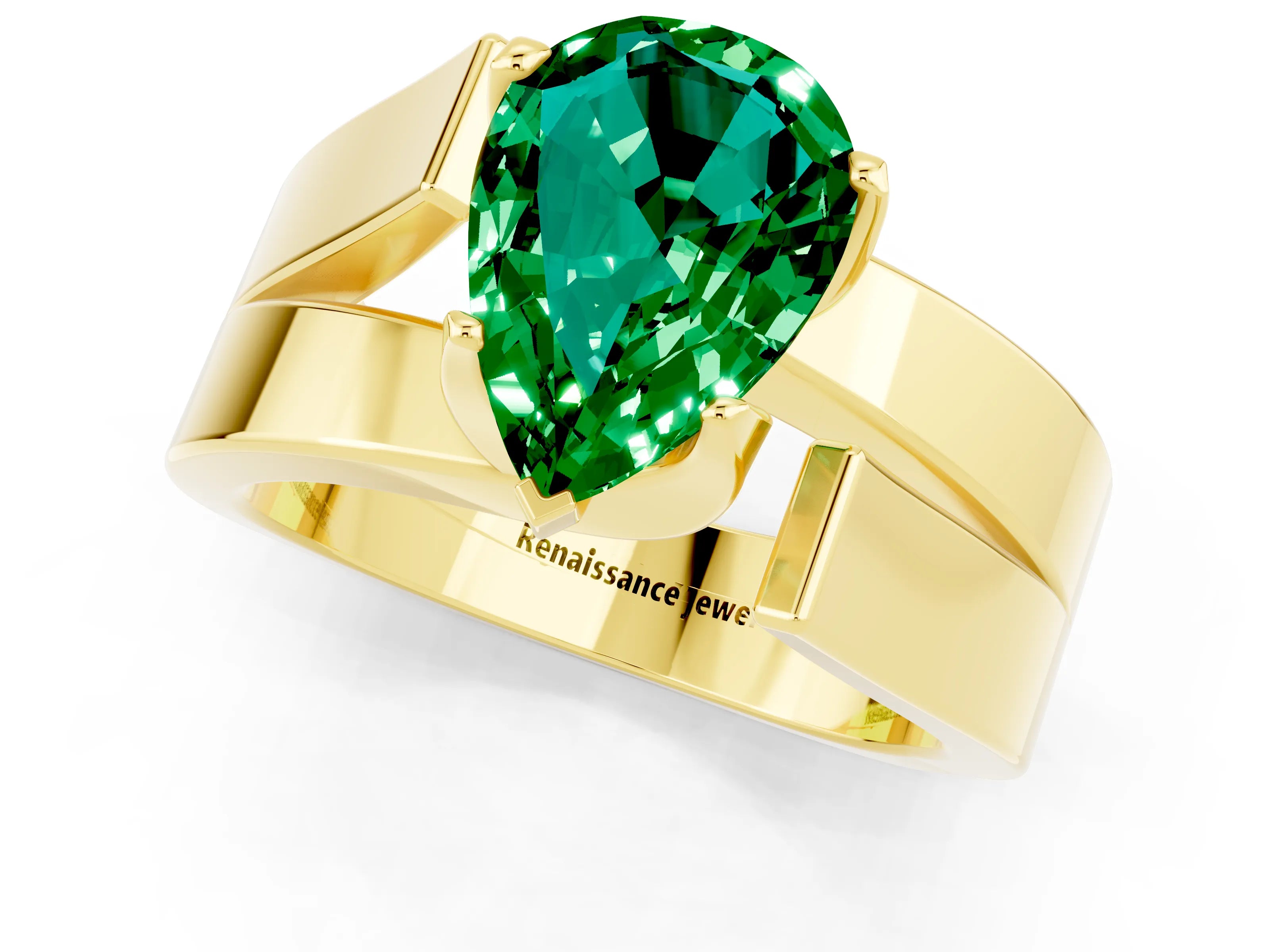 Yellow gold Modern Tension Set Pear Cut Emerald Solitaire Wide Band Ring_1