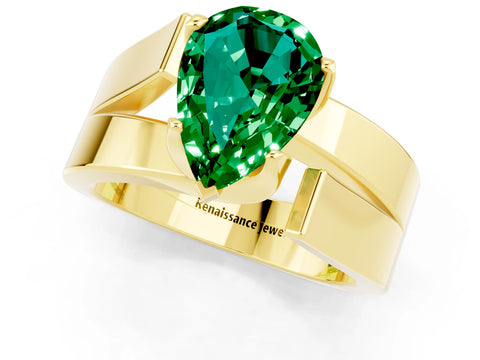 Yellow gold Modern Tension Set Pear Cut Emerald Solitaire Wide Band Ring_1