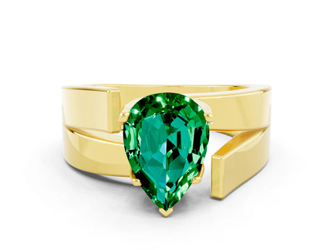 Yellow gold Modern Tension Set Pear Cut Emerald Solitaire Wide Band Ring
