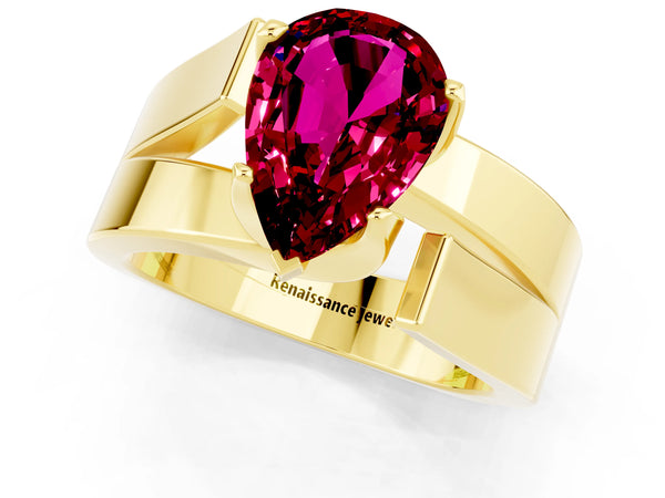 Yellow gold Modern Tension Set Pear Cut Garnet Solitaire Wide Band Ring
