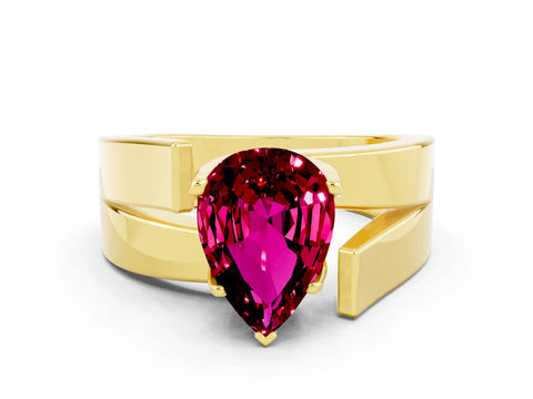 Yellow gold Modern Tension Set Pear Cut Garnet Solitaire Wide Band Ring