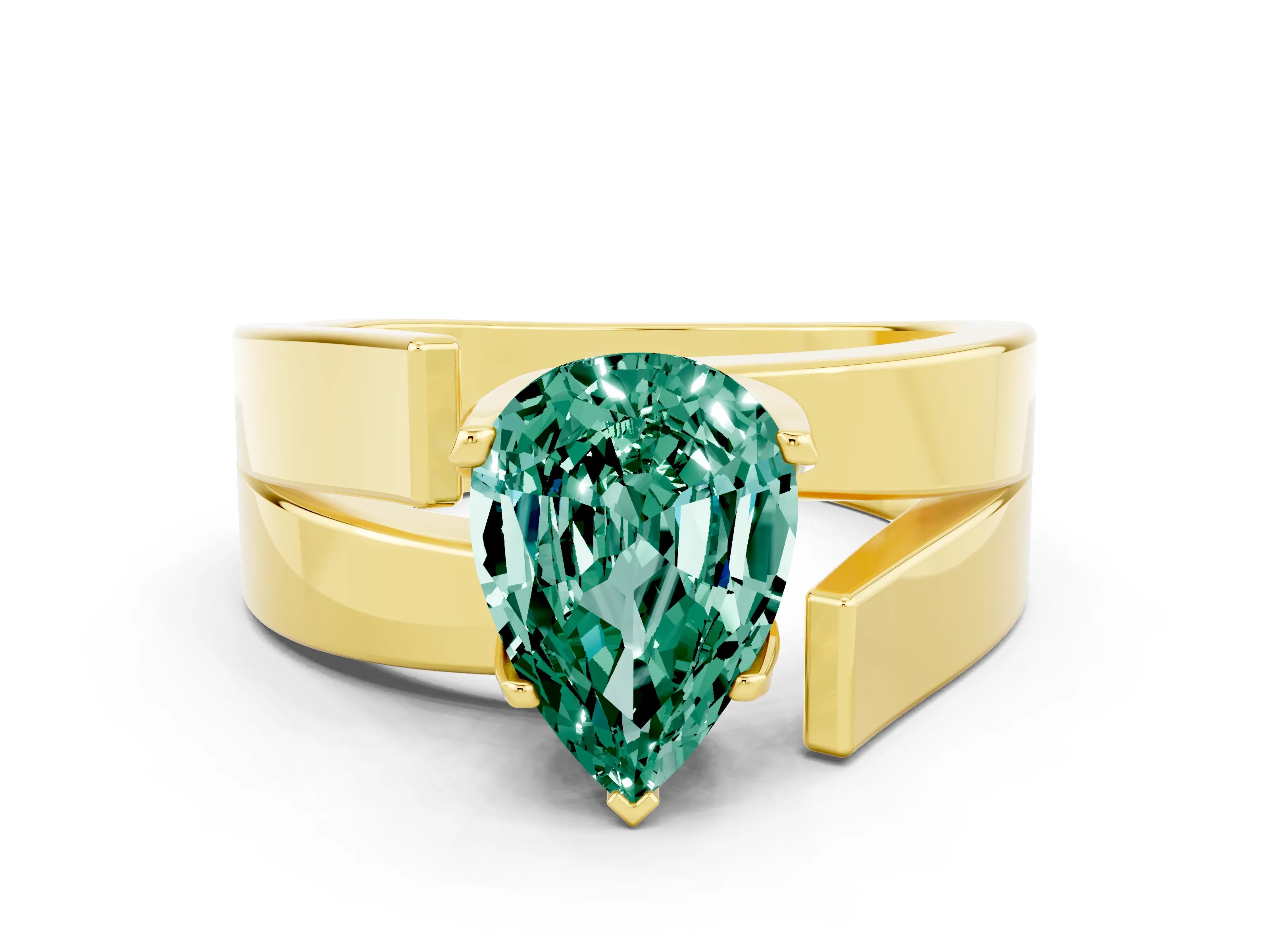 Yellow gold Modern Tension Set Pear Cut Green Sapphire Solitaire Wide Band Ring