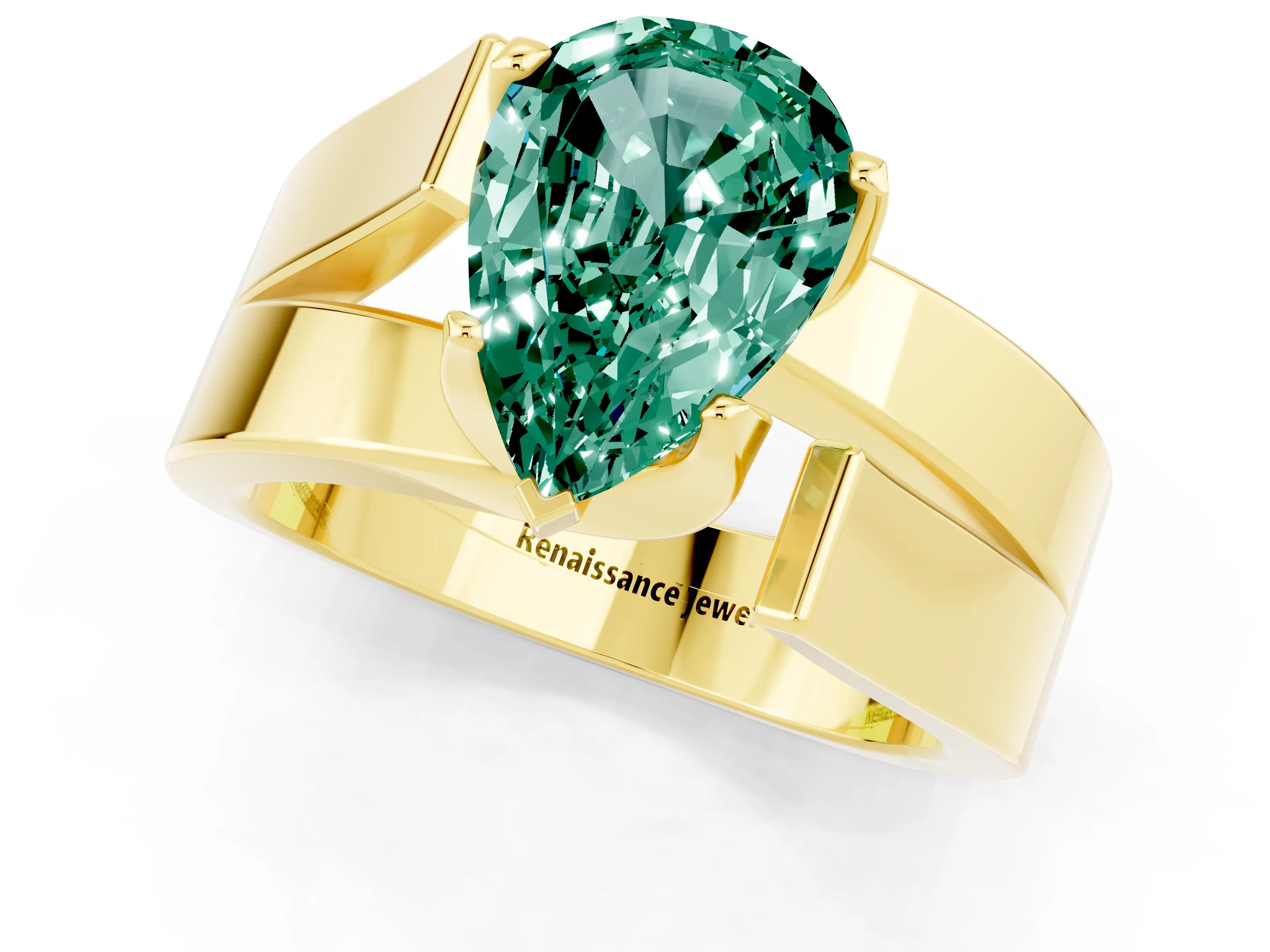 Yellow gold Modern Tension Set Pear Cut Green Sapphire Solitaire Wide Band Ring_1