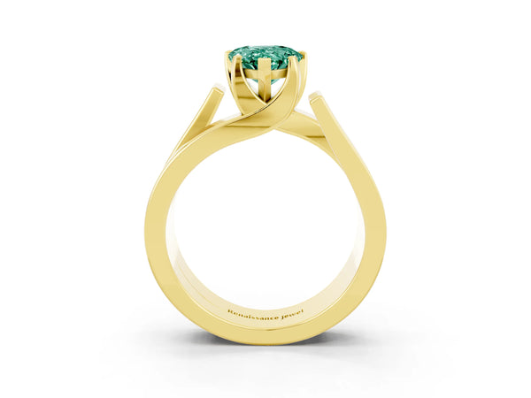 Yellow gold Modern Tension Set Pear Cut Green Sapphire Solitaire Wide Band Ring