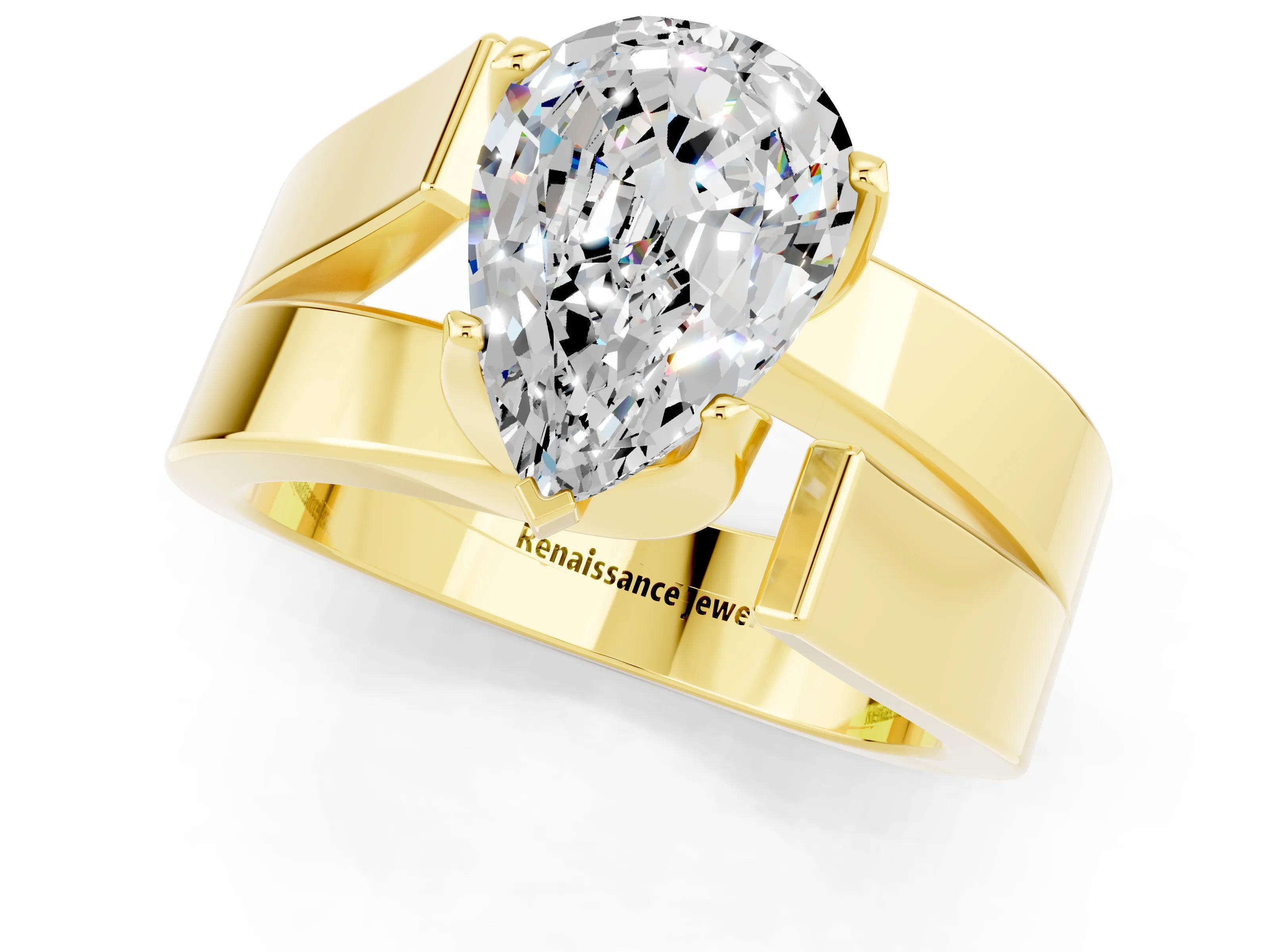 Yellow gold Modern Tension Set Pear Cut Moissanite Solitaire Wide Band Ring_1