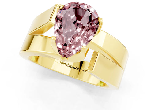 Yellow gold Modern Tension Set Pear Cut Morganite Solitaire Wide Band Ring_1