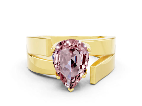 Yellow gold Modern Tension Set Pear Cut Morganite Solitaire Wide Band Ring