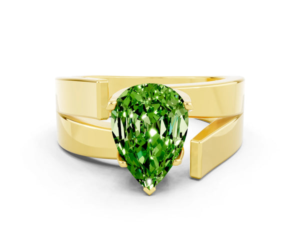 Yellow gold Modern Tension Set Pear Cut Peridot Solitaire Wide Band Ring