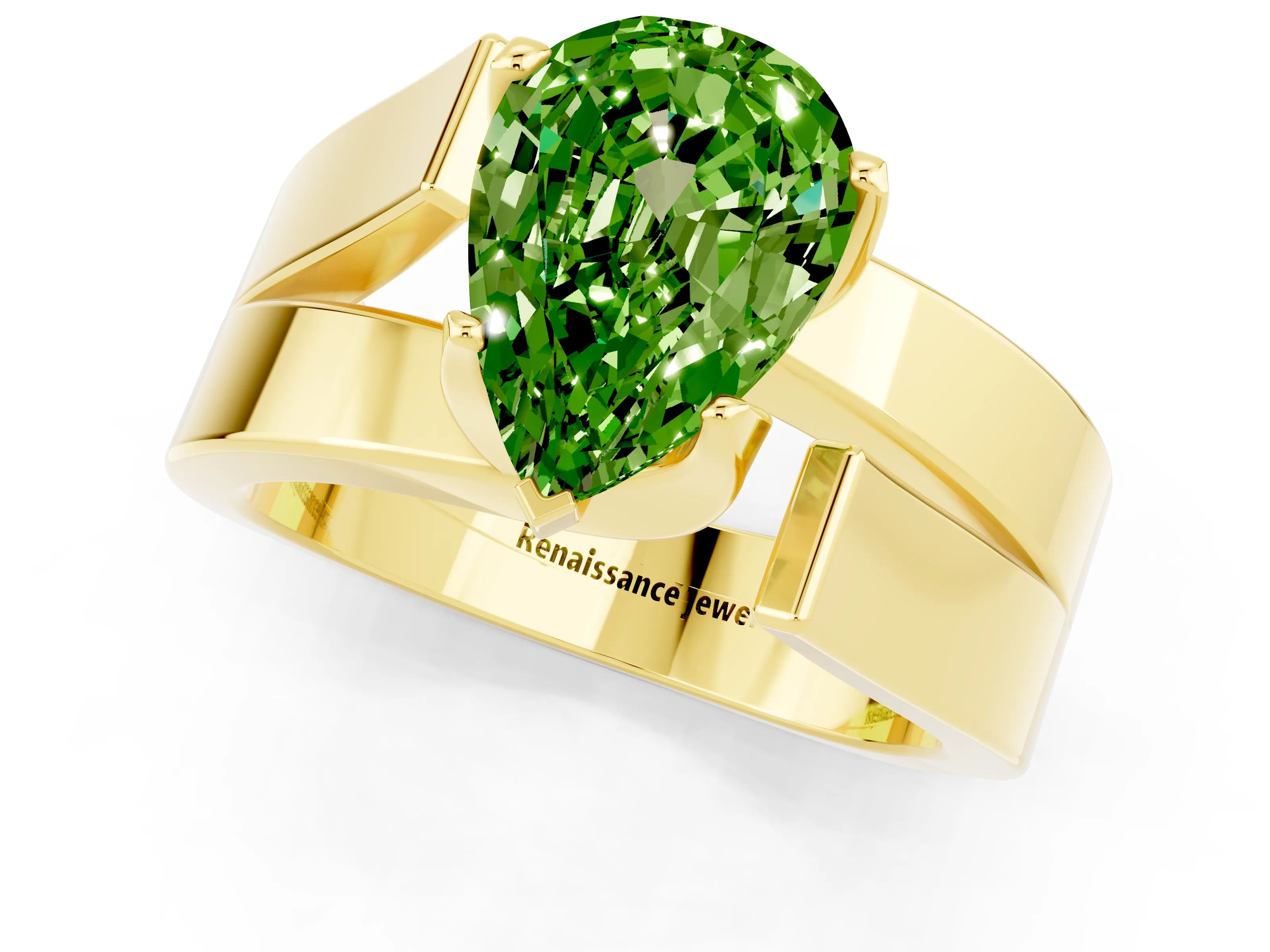 Yellow gold Modern Tension Set Pear Cut Peridot Solitaire Wide Band Ring_1
