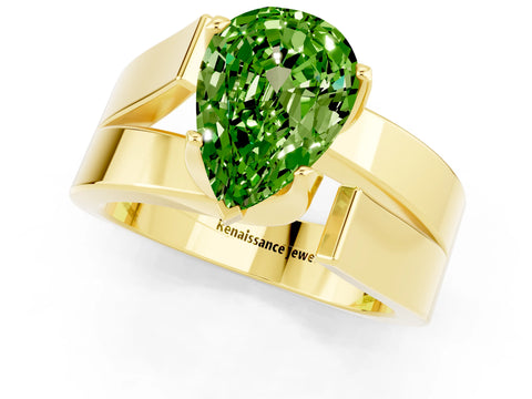 Yellow gold Modern Tension Set Pear Cut Peridot Solitaire Wide Band Ring_1
