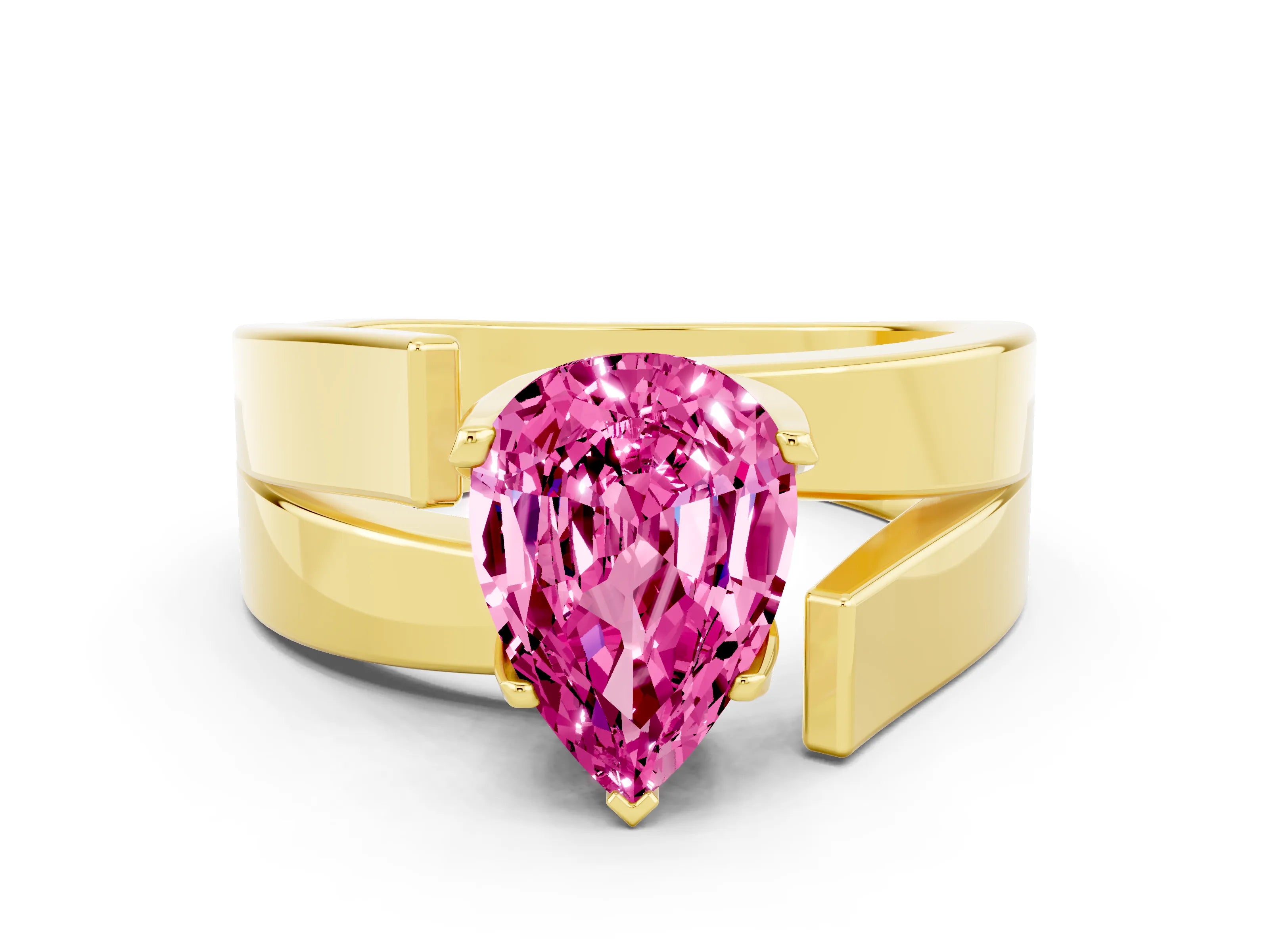 Yellow gold Modern Tension Set Pear Cut Pink Sapphire Solitaire Wide Band Ring_12