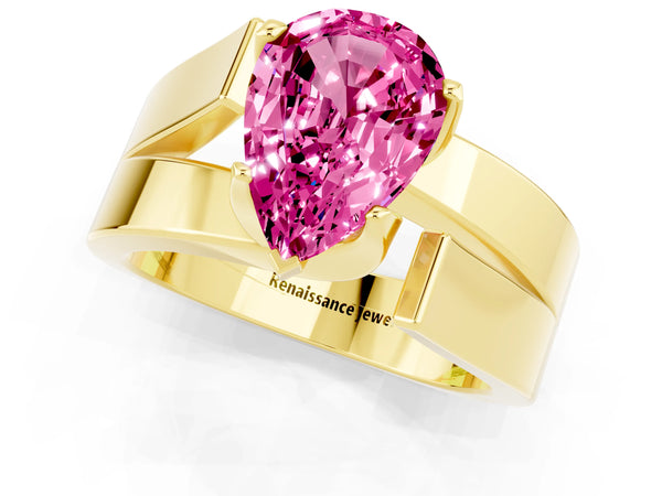 Yellow gold Modern Tension Set Pear Cut Pink Sapphire Solitaire Wide Band Ring