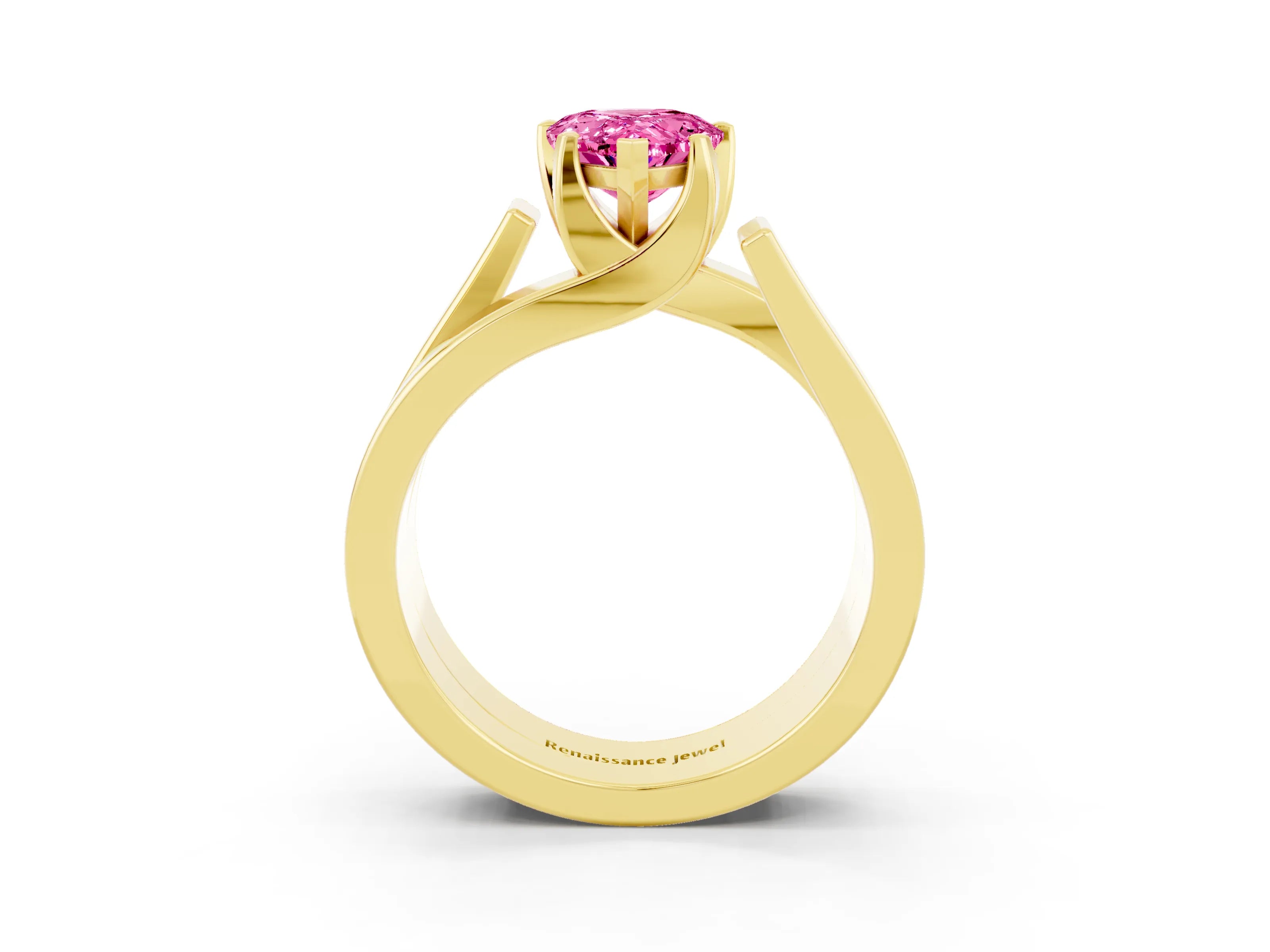 Yellow gold Modern Tension Set Pear Cut Pink Sapphire Solitaire Wide Band Ring_15
