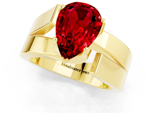 Yellow gold Modern Tension Set Pear Cut Ruby Solitaire Wide Band Ring_1