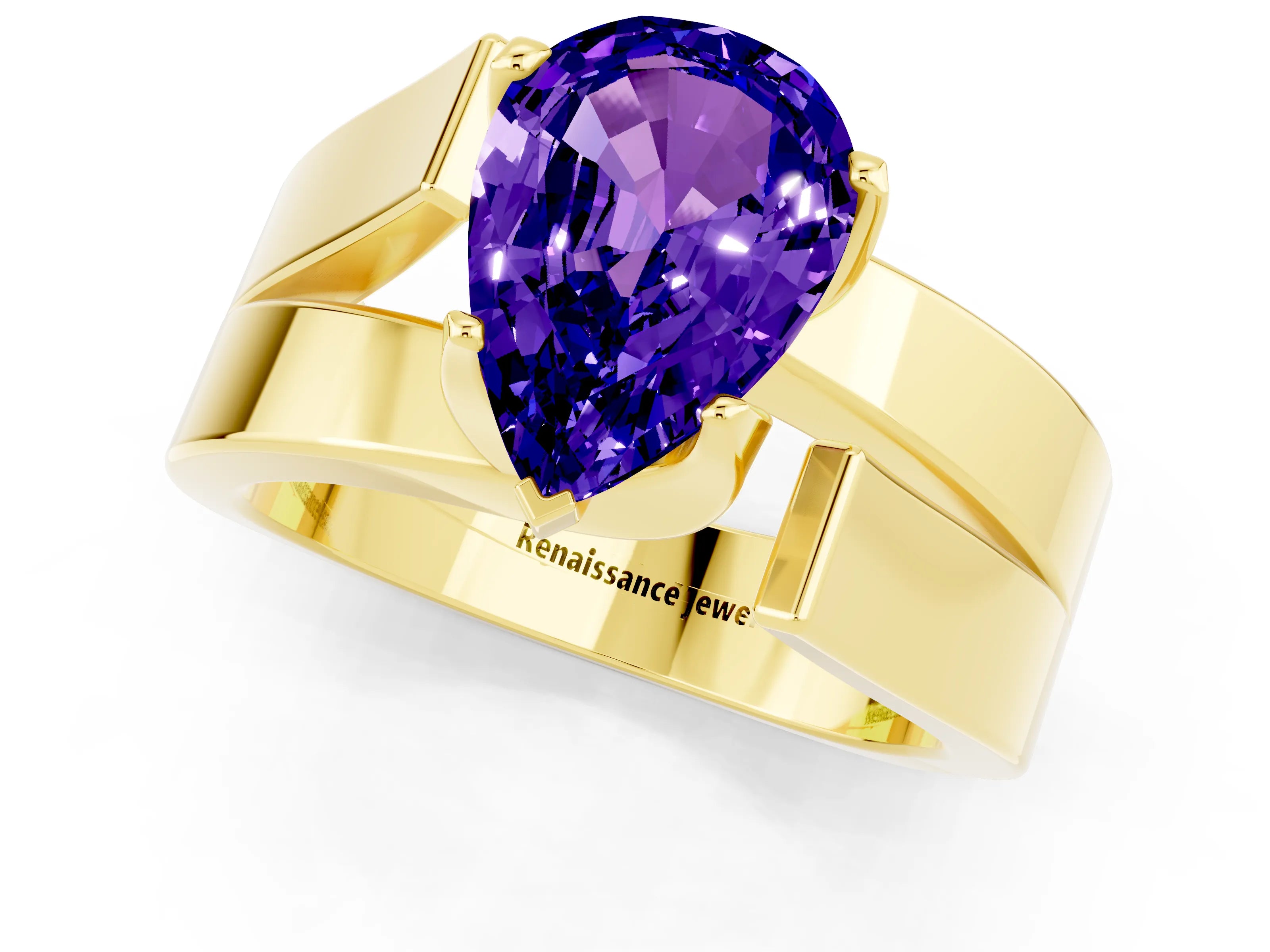 Yellow gold Modern Tension Set Pear Cut Tanzanite Solitaire Wide Band Ring_1
