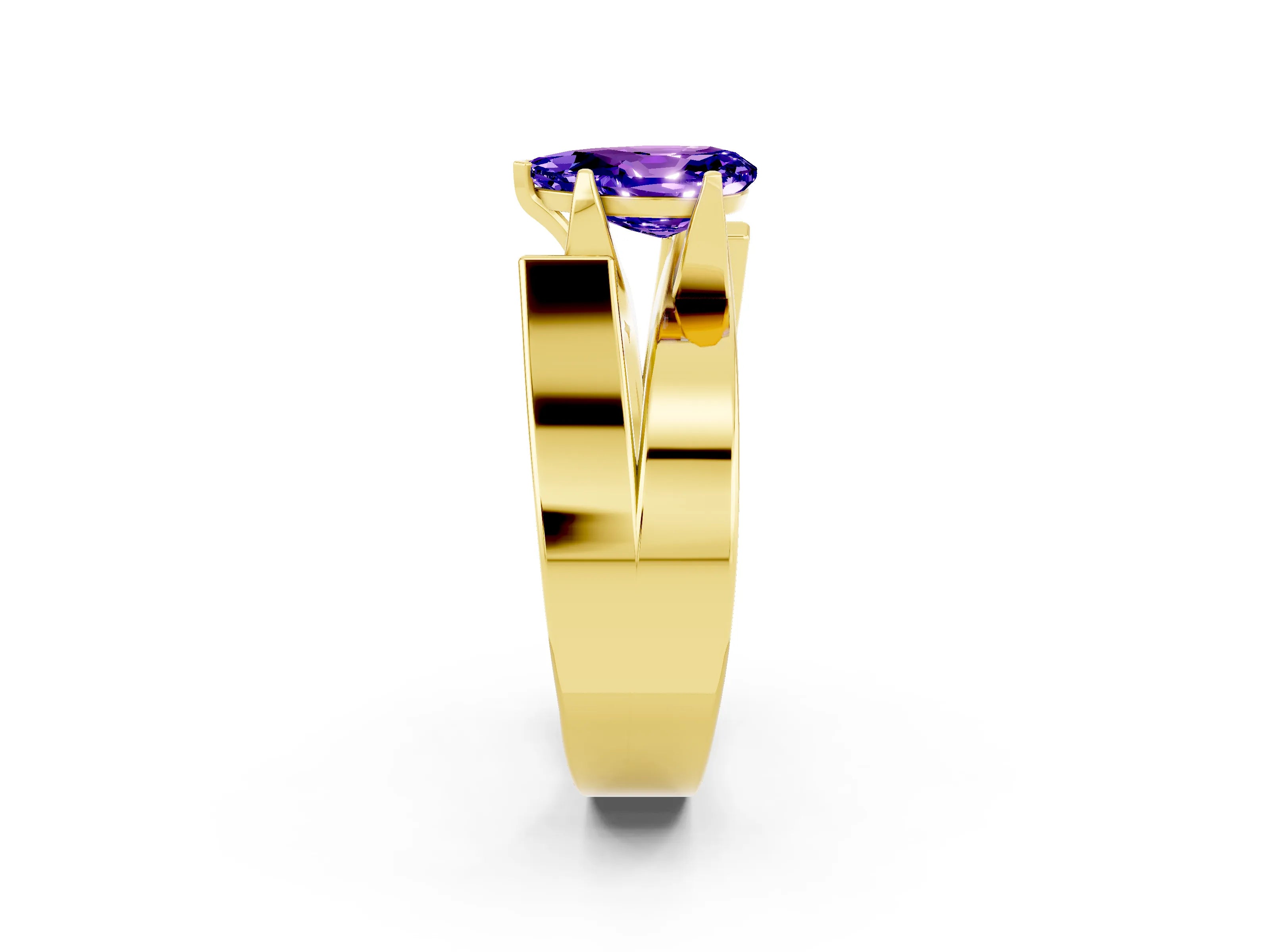 Yellow gold Modern Tension Set Pear Cut Tanzanite Solitaire Wide Band Ring_2