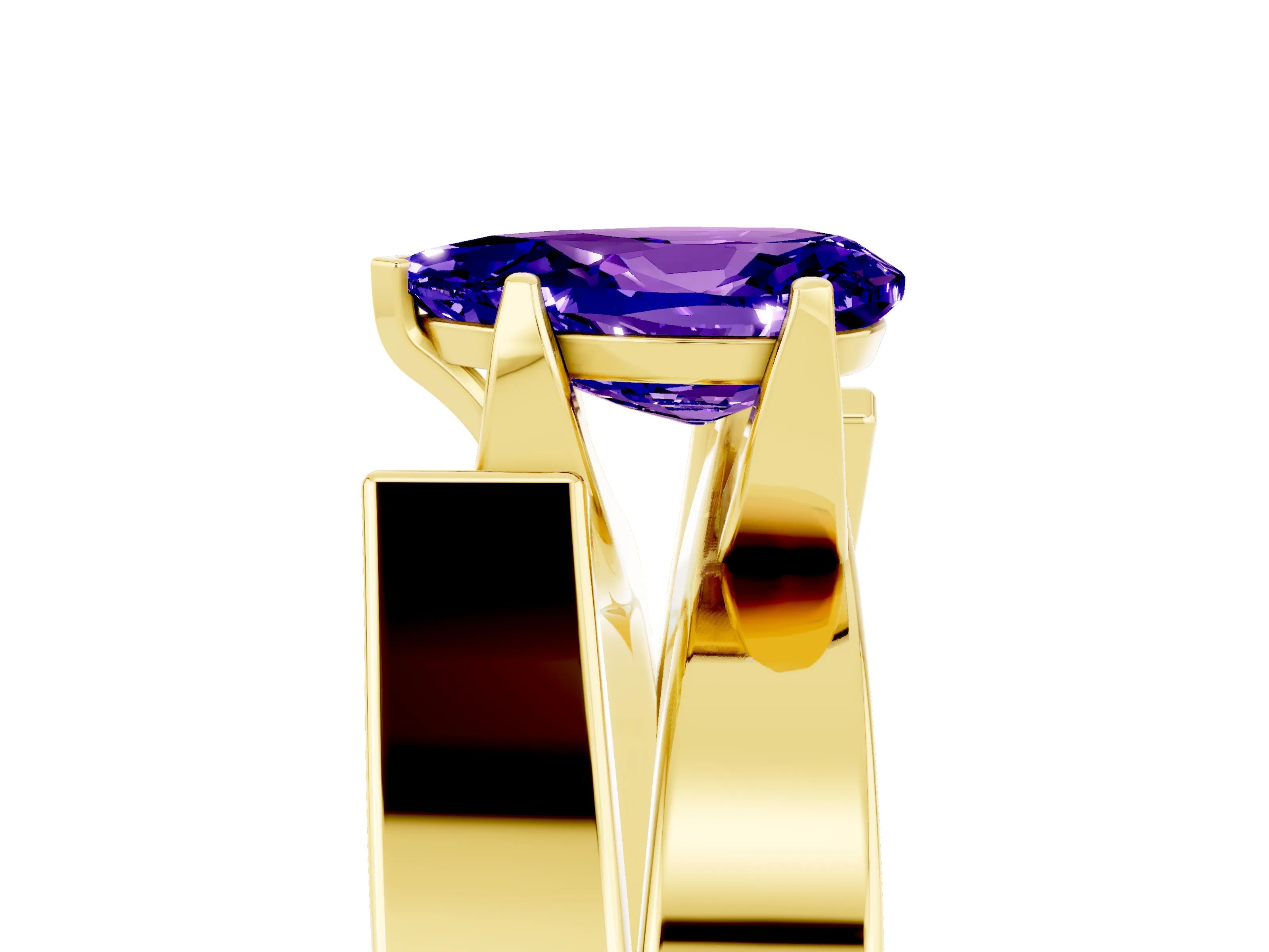 Yellow gold Modern Tension Set Pear Cut Tanzanite Solitaire Wide Band Ring_5