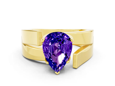Yellow gold Modern Tension Set Pear Cut Tanzanite Solitaire Wide Band Ring
