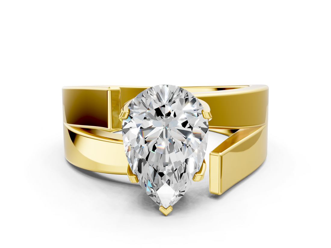 Yellow gold Modern Tension Set Pear Solitaire Wide Band Ring_159