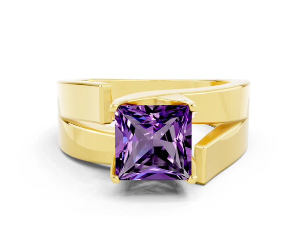 Yellow gold Modern Tension Set Princess Cut Amethyst Solitaire Wide Band Ring