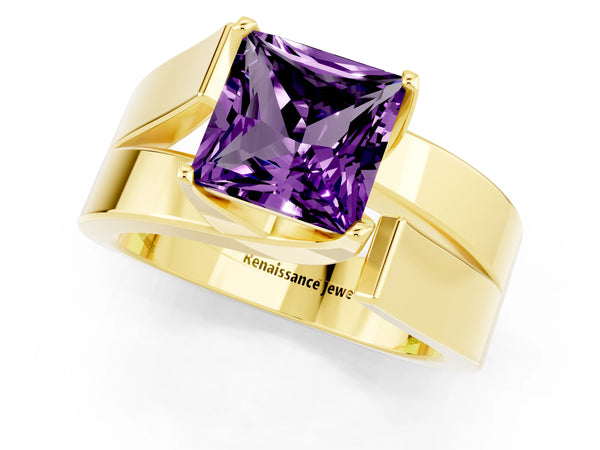 Yellow gold Modern Tension Set Princess Cut Amethyst Solitaire Wide Band Ring