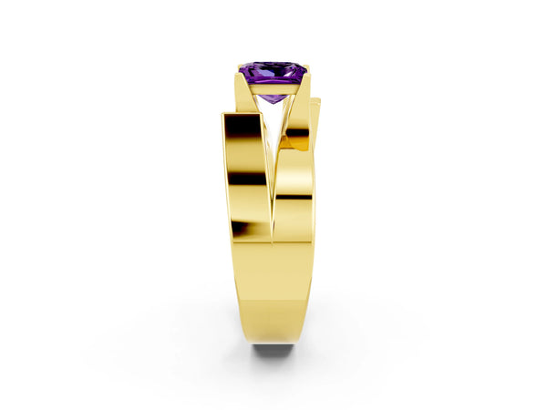 Yellow gold Modern Tension Set Princess Cut Amethyst Solitaire Wide Band Ring