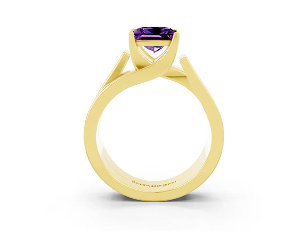Yellow gold Modern Tension Set Princess Cut Amethyst Solitaire Wide Band Ring