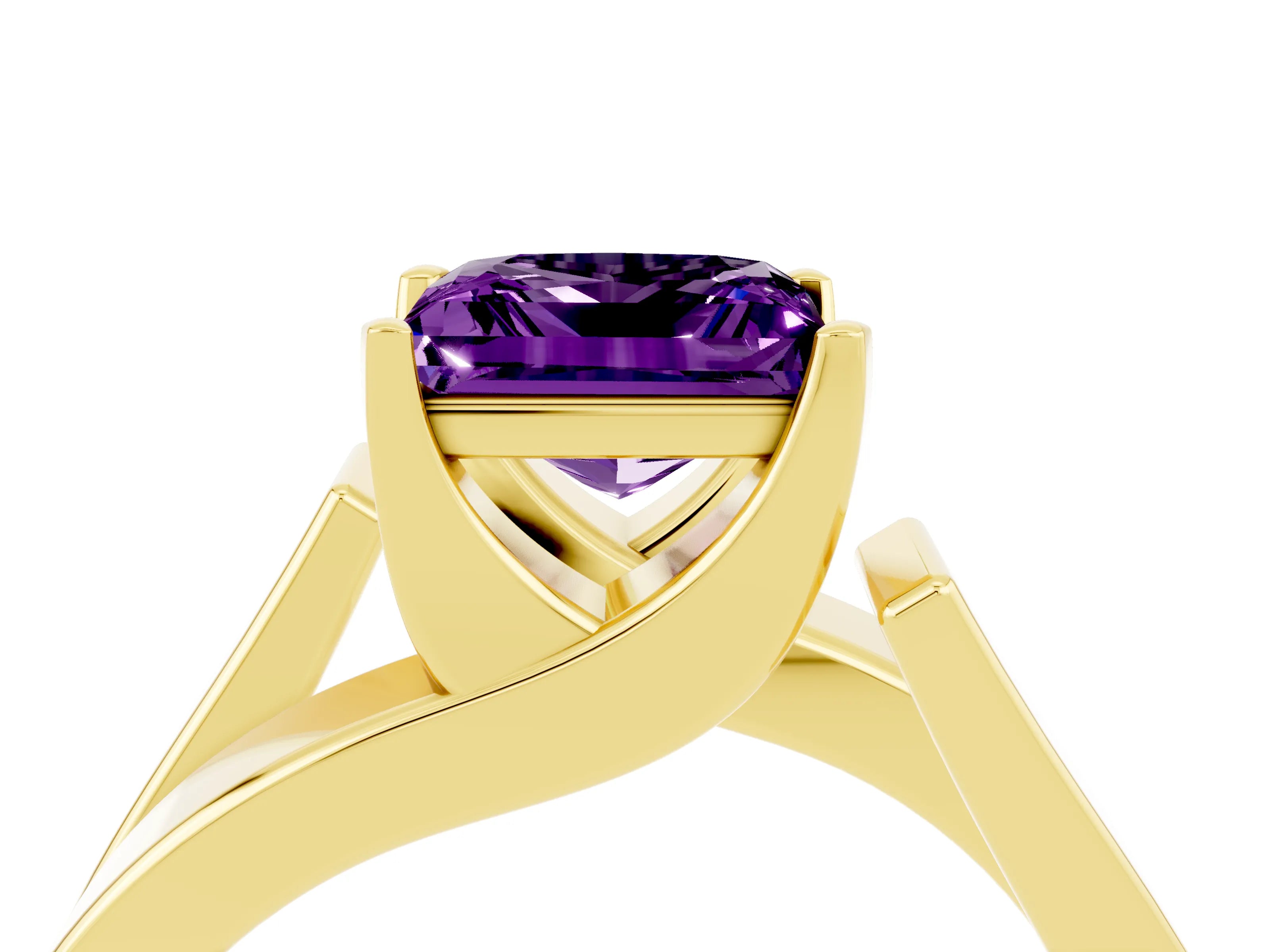 Yellow gold Modern Tension Set Princess Cut Amethyst Solitaire Wide Band Ring_4