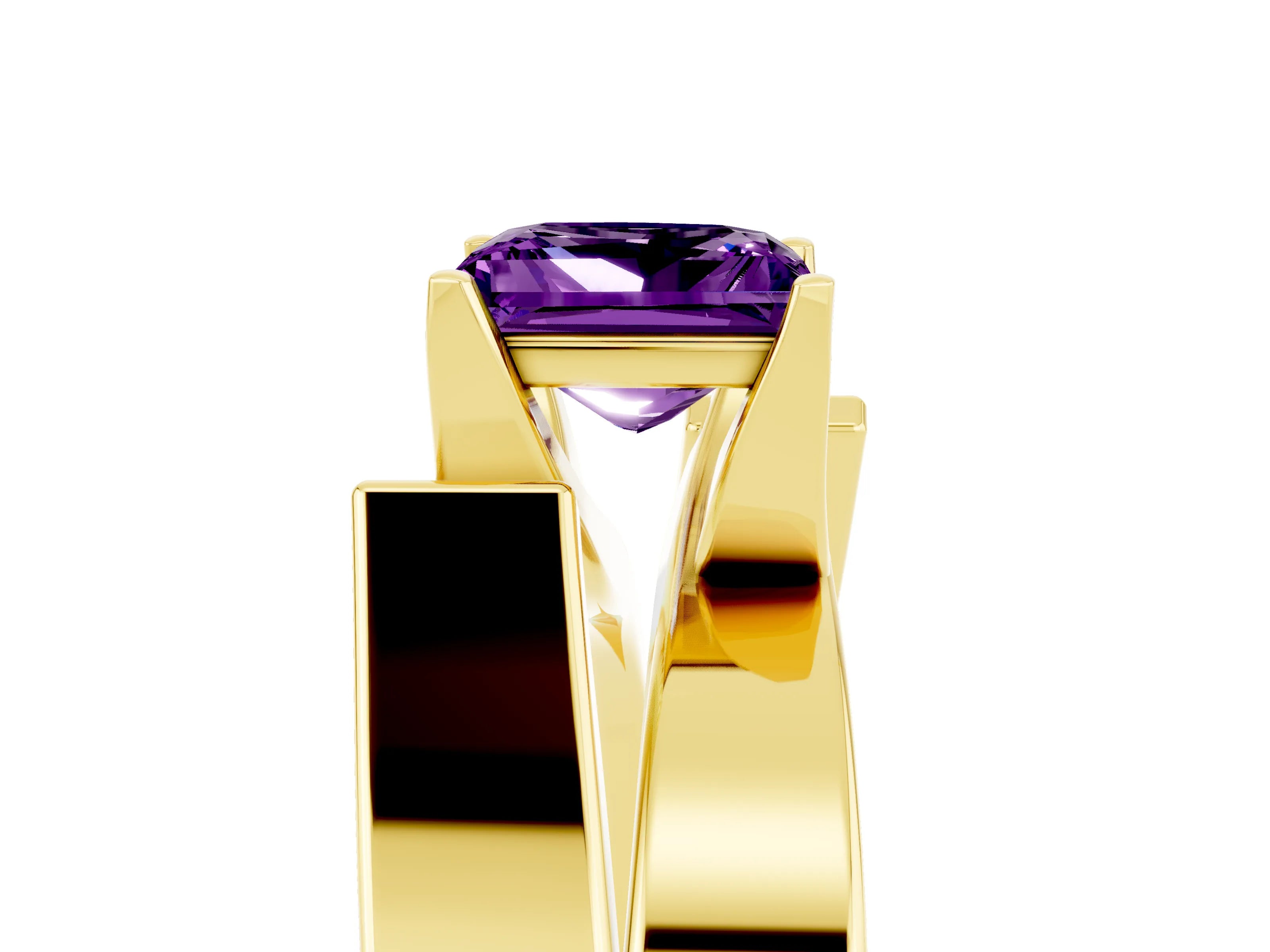 Yellow gold Modern Tension Set Princess Cut Amethyst Solitaire Wide Band Ring_5