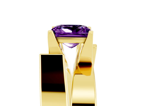 Yellow gold Modern Tension Set Princess Cut Amethyst Solitaire Wide Band Ring_5
