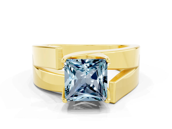 Yellow gold Modern Tension Set Princess Cut Aquamarine Solitaire Wide Band Ring