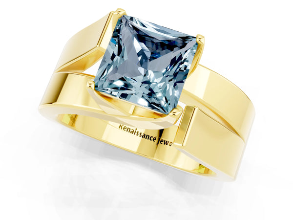 Yellow gold Modern Tension Set Princess Cut Aquamarine Solitaire Wide Band Ring