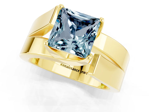 Yellow gold Modern Tension Set Princess Cut Aquamarine Solitaire Wide Band Ring_1